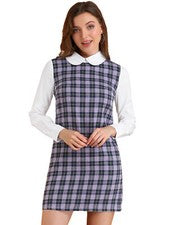 Vestido camisero mujer brazo panel cuello redondo cuadros