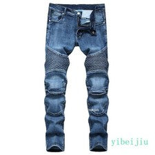 Pantalones de mezclilla largos de motociclista plisados para hombre calce ajustado