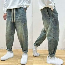 Pantalones de mezclilla harén 2026 de moda para hombre pantalones de mezclilla sueltos con cordón pantalones de mezclill