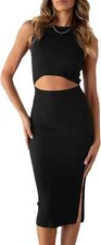 Nuevo con etiquetas Vestido Pretty Garden Midi Bodycon XL Mujer Negro Acanalado Sin Mangas Recortado