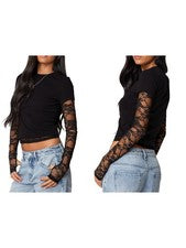 Camiseta para mujer calce ceñido encaje panel mangas top corto con agujero para el pulgar redondo7294
