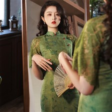 Vestido midi satinado para mujer Cheongsam vintage noche fiesta Qipao retro slim fit