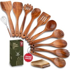 Juego de 12 utensilios de cocina de madera - Utensilios de cocina de madera de lujo con soporte...