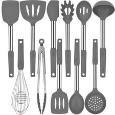 Juego de utensilios de cocina de silicona gris 11 piezas herramientas con mango de acero inoxidable