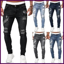 Pantalones de mezclilla lisos lavados vintage de moda estilo callejero rasgados ajustados para hombre