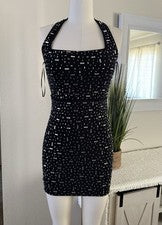 Mini Vestido Moda Boutique Para Mujer Negro Halter Estrás Talla Mediana Nuevo con Etiquetas