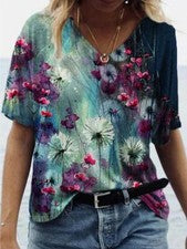 ⭐Blusa Mujer Camiseta Estampado Flores Moda Suelta Manga Corta Cuello En V Tops