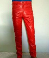 Pantalones de mezclilla de motociclista para hombre de cuero rojo real o de vaca elegantes y sexy estilo 501 nuevos