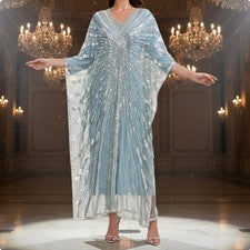 Vestido largo drapeado lentejuelas y caftán de perlas