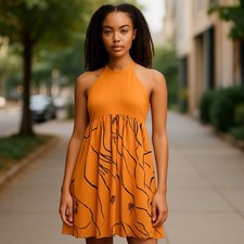 Mini Vestido Zara X Dina Bukva Diseñador Dibujo Recorte Halter Talla S Naranja Negro
