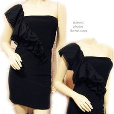 Nuevo Mini Vestido Bodycon Volantes Un Hombro Negro XS Glamour Elegante Fiesta Sexy Glamour