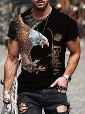 Camiseta American Bald Eagle Estampado Gráfico Negro Dorado Moda Hombres Suave