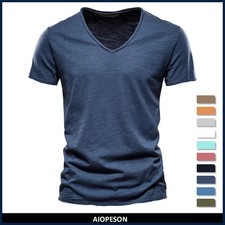 Hombres 100% Algodón Cuello en V Calce Ajustado Manga Corta Moda Camiseta Prendas para el torso Sólidas