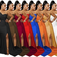 Moda Vestido Largo Color Sólido Fiesta Apretado Manga Un Hombro Para Mujer