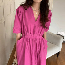 Vestido para mujer de moda simple con cuello en V color liso blanco doble bolsillo cintura atada