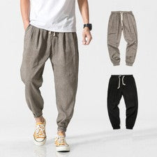 Pantalones informales de moda para hombre de algodón y lino con puntera cintura elástica