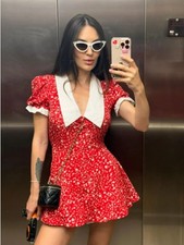 Minivestido para mujer rojo floral cuello Peter Pan manga abullonada línea A