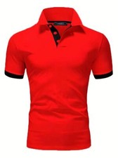 Polo Camiseta Cuello Botones Sólido Rojo Negro Ribete Golf Deportiva Moda Hombre