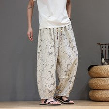 Pantalones sueltos con cordón estampado floral estilo étnico para hombre pantalones harén verano talla