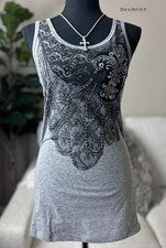 Camiseta sin mangas USA Vocal Apparel para mujer gris cristal flor de lis encaje S M L XL