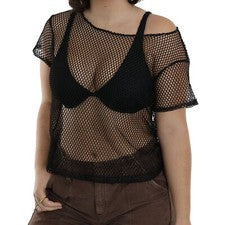 MUJER NEGRO MALLA CROP TOP MANGA CORTA RED AGUJERO TEJIDO RAVE Y2K ESTILO MODA