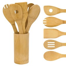 Juego de utensilios de cocina de madera de bambú Beille de 6 piezas con soporte, cocina segura antiadherente