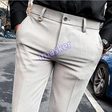 Pantalones de traje para hombre Pantalones formales Nuevos elásticos ajustados de color liso Pantalones de vestir rectos