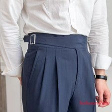 Hombres Gurkha Estilo Británico Cintura Alta Pierna Recta Traje Pantalones Retro Pantalones