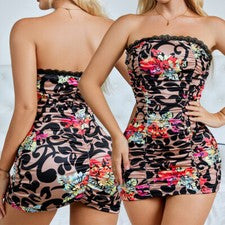 Sexy Mini Vestido Para Mujer Sin Tirantes Bandeau Tubo Floral Acanalado Bodycon