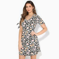 Vestido Mujer Corto Animal Print Ancho Vuelo Cuello Pico Manga Corta Barato Moda