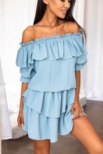 Mini Vestido Ooh La La Alta Calidad Para Mujer con Hombro Descubierto Bardot Volantes en Azul