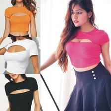 Cerradura Corta Camiseta Mujer Top Escote Camiseta Top Frontal Corte Ajustado Blusa