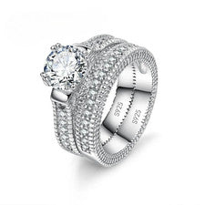 Juego de anillos solitario blancos de lujo de plata de ley 925 - Joyería de plata para mujer