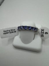 #R83 Anillo Banda Conjunto Tanzanita Azul Redondo Plata de Ley 925 Talla 9