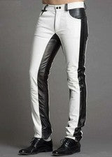 Pantalón de motociclista de cuero real para hombre estilo 5 bolsillos pantalón de cuero de vaca blanco y negro