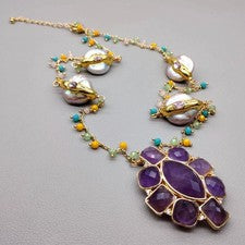 Collar gargantilla colgante de amatista para mujer con perlas naturales para monedas joyería de moda