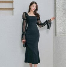 Mujer 2023 Moda Cuello Cuadrado Pajarita Manga Abullonada Paquete Cadera Vestido Sirena
