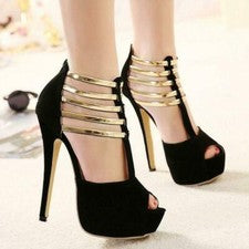 Sandalias al tobillo de tacón alto de aguja con plataforma de gamuza sintética de múltiples correas para mujer