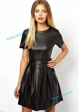 Mujeres Cuello Redondo Piel de Cordero Cuero Línea A Vestido Ajustado Conjunto Moda Ropa