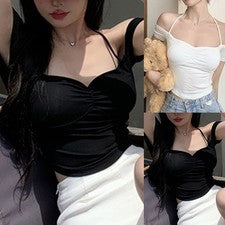 Moda de verano mujer cuello halter sin hombros manga corta camiseta sólida