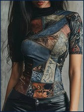 Moda Mujer Abstracto Estampado Cuello Soporte Manga Corta Top