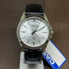 Casio MTP-1370L-7A analógico esfera plateada correa de cuero negro reloj para...