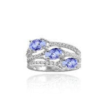 Anillo de tres piedras ovalado de plata de ley con tanzanita y topacio blanco, talla 10