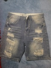 Pantalones cortos de mezclilla desgastados de moda azules lavado medio para hombre 5 bolsillos cremallera