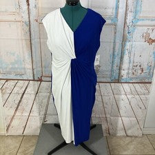 Vestido Kasper para mujer sin mangas con bloques de colores delanteros retorcidos talla 1X azul real/blanco