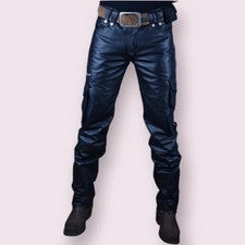 Pantalón Vaca Real Cuero Suave Azul Estilo Carga Bolsillos Genuino Pantalón Lo último