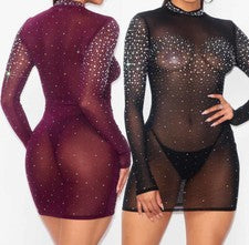 Sexy Mini Vestido Para Mujer Estrás Malla Transparente Ver a Través de Noche Fiesta Encubrir