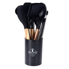 Utensilios de cocina antiadherentes de silicona F2, 12 piezas, mango de madera.