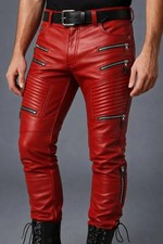 Pantalones de cuero rojo real para hombre con bolsillos con cremallera ropa de calle pantalones estilo motociclista