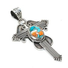 Colgante Cruz Joyería Plata Esterlina 925 Hecho a Mano Piedras Preciosas Ostras Espinosas Naranja